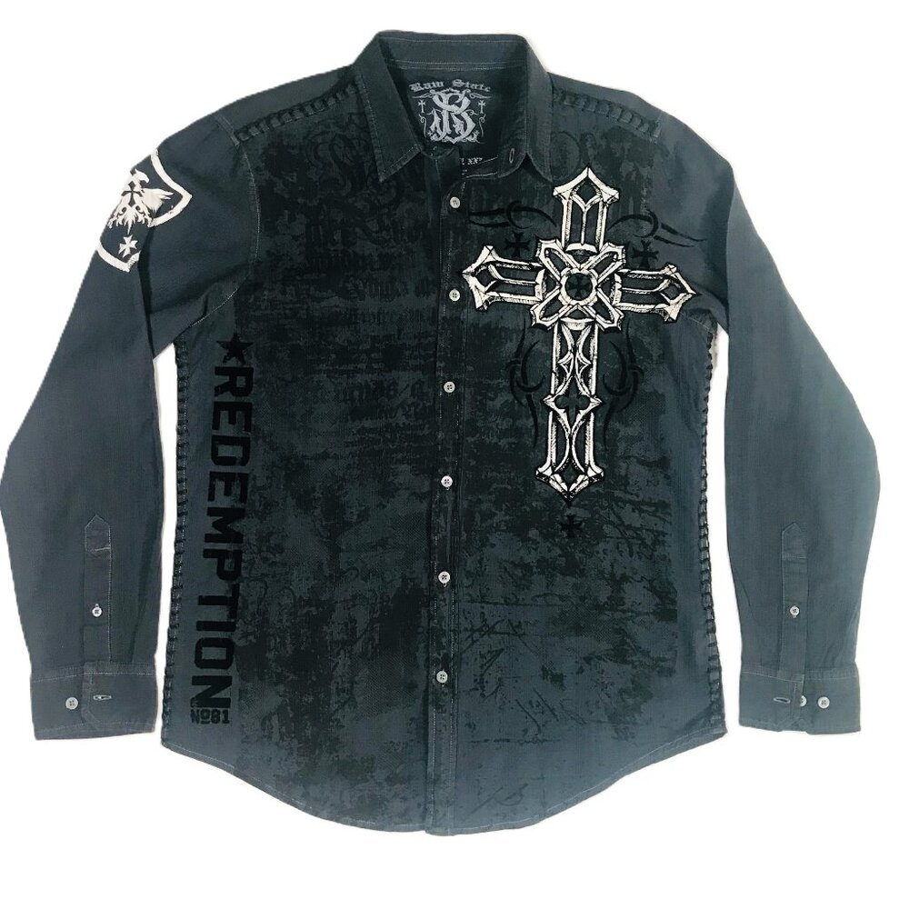 Y2K Raw State Black AOP Redemption Cross Wings LS Shirt Men's Sz L - SHIPS FREE!